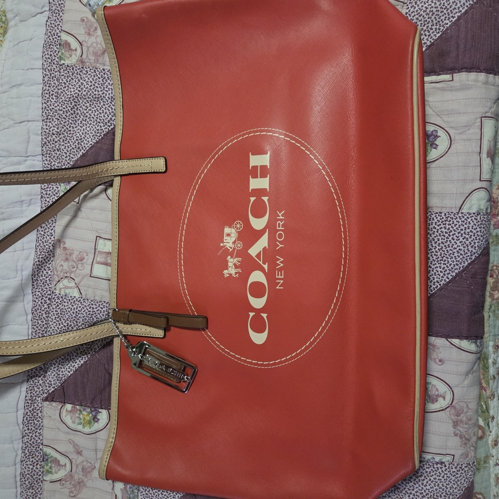 Coach metro horse carriage Red and Tan Leather Tote with Metallic Hardware